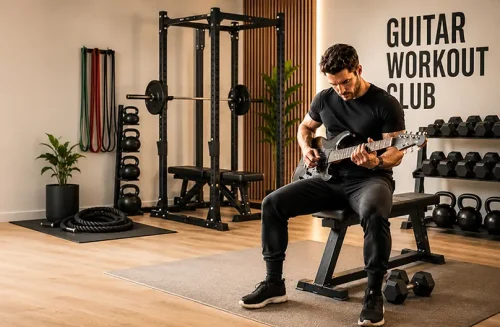Guitar player training with Guitar Workout Club play-along workouts
